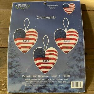 Candamar Designs 2002 Counted Cross Stitch Three Patriotic Heart Ornament #51385